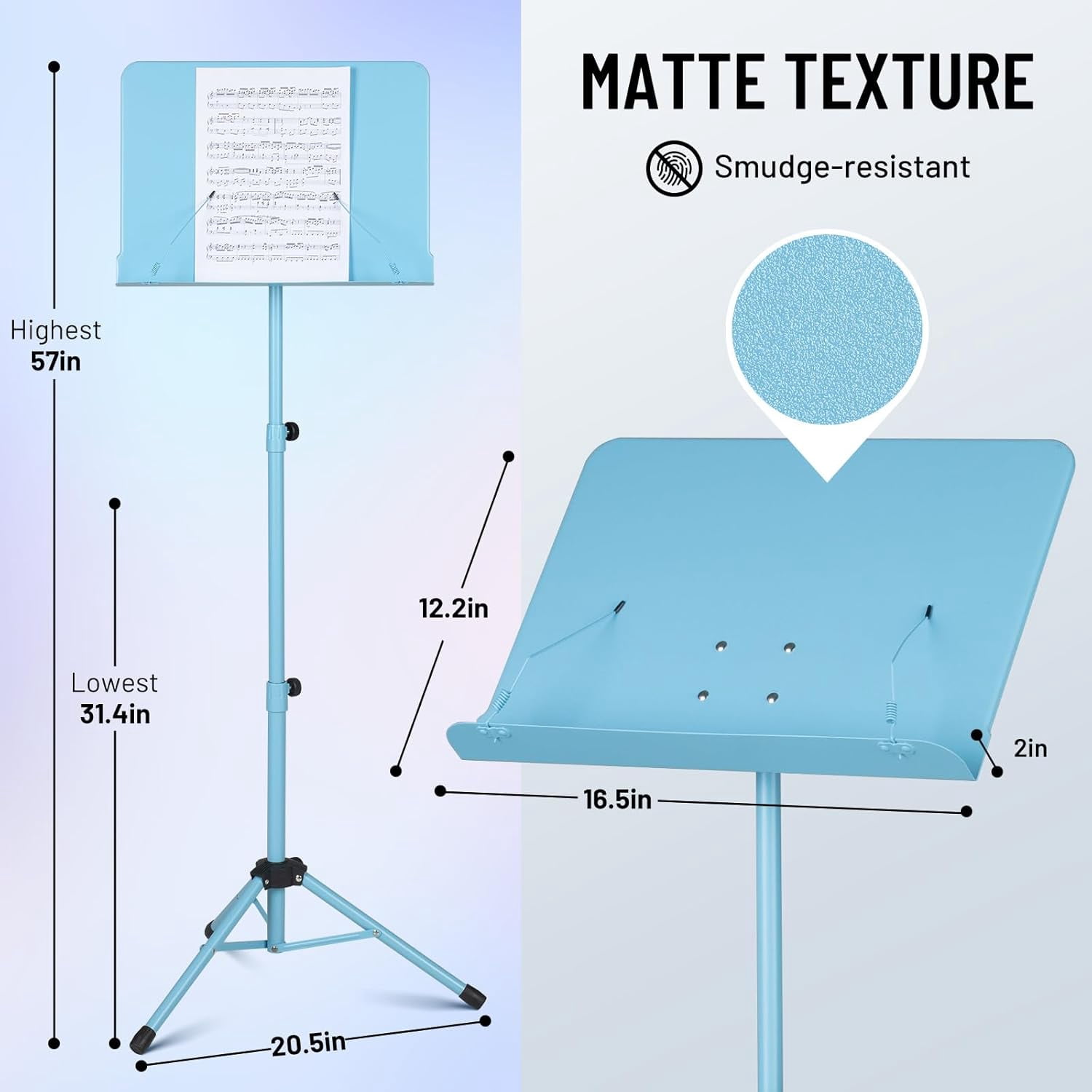 CAHAYA Sheet Music Stand & Tabletop Music Stand Solid Back with Carrying Bag for Books Notes Laptop Tablet Blue CY0194-3
