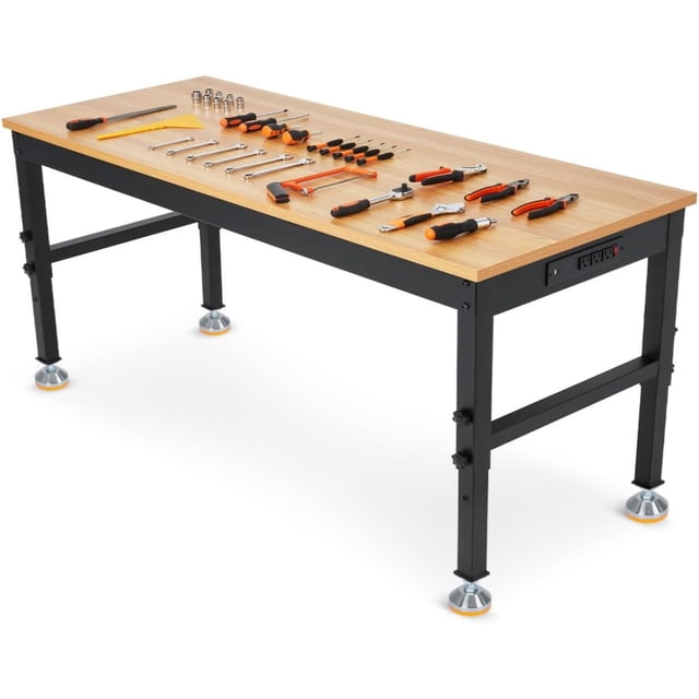 60 In Adjustable Height Workbench with Heavy-Duty Rubberwood Top and Built-In Power Outlets - 2500 LB Capacity Table for Garage Workshop Office