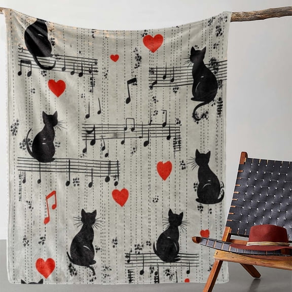Valentine'S Day Knitted Polyester Flannel Throw Blanket 59x78.7in - Vintage Black Cat and Red Heart Music Note Print, Warm Cozy Soft Fleece for Sofa, Bed, Car