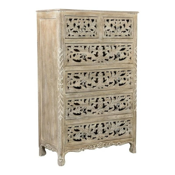Pemberly Row 6-drawer Floral Carved Solid Wood Chest in Gray