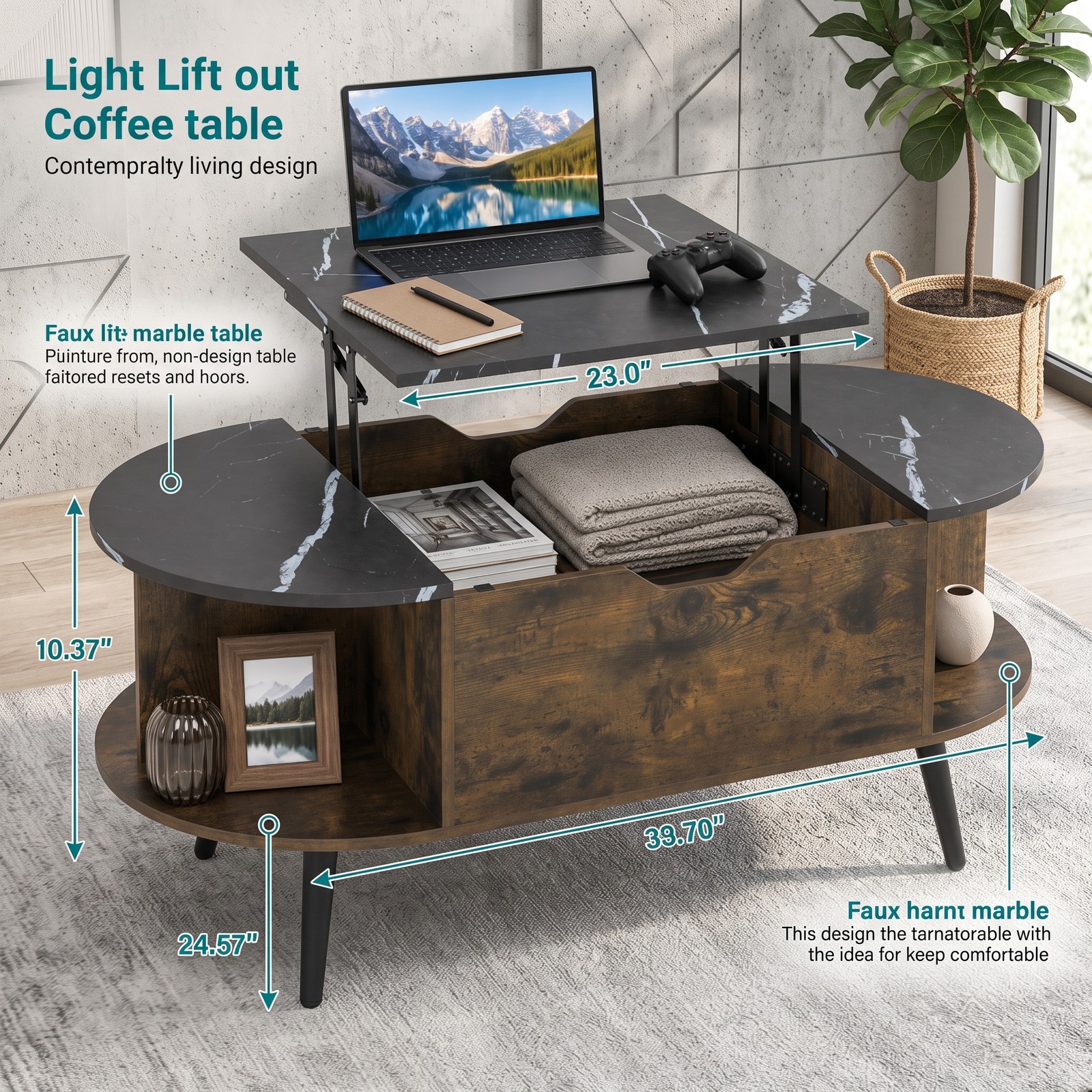 Furnibear Faux Marble Lift Top Coffee Table with Hidden Compartment and Side Shelves, 2-in-1 Rectangle Center Table for Living Room, Engineered Wood & Metal, Black