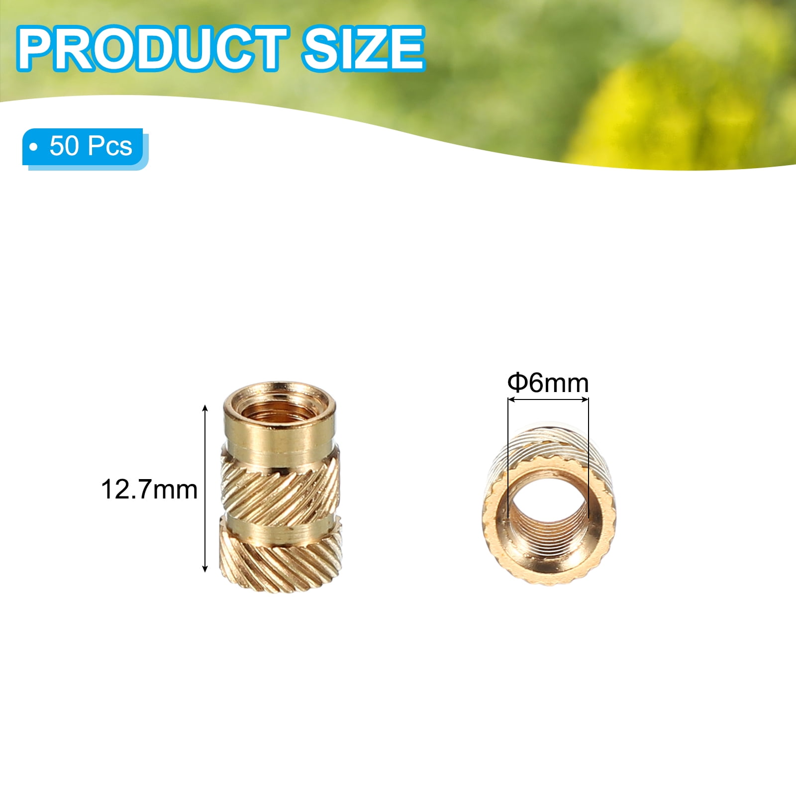 M6x12.7x8.7 mm Brass Threaded Insert, Metric knurled Nuts Heat Set Insert for Plastic & 3D Printing Components, 50 Pcs