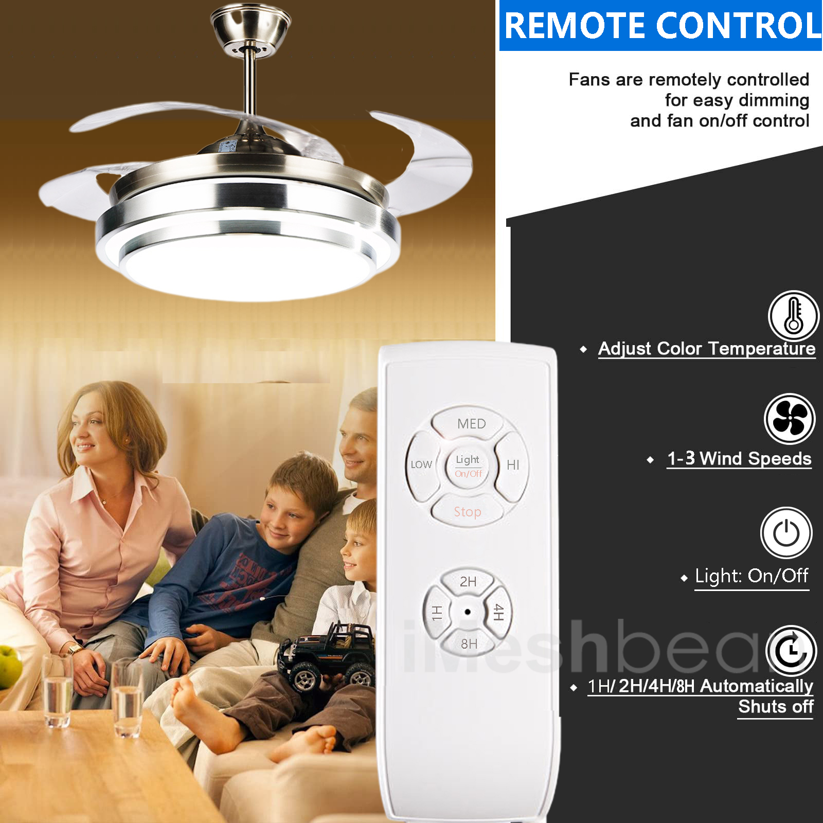iMeshbean 42" LED Chandelier Invisible Ceiling Fan Light Ceiling Lamp Retractable w/Remote Control, 3 Light Color Changing