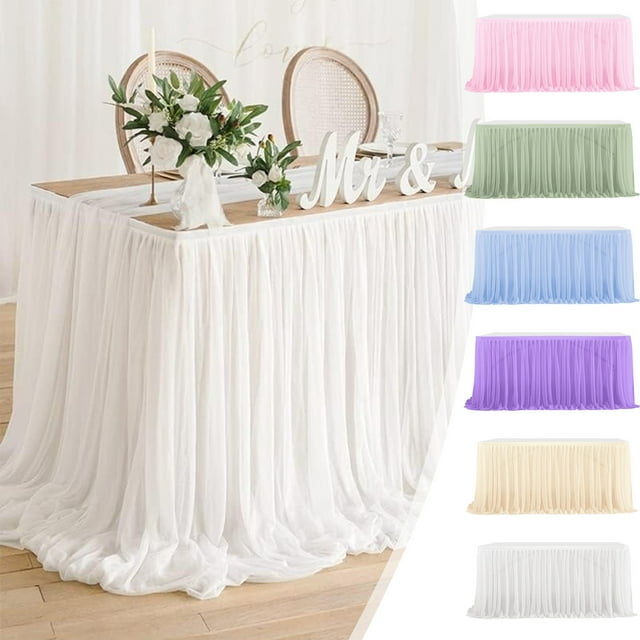 White Tulle Table Skirt Ruffled Transparent Polyester Tablecloth Chiffon Drape Wrinkle-Resistant 29.5 x 48 in Easy Tape Attachment Hand-Washable Reusable Decor