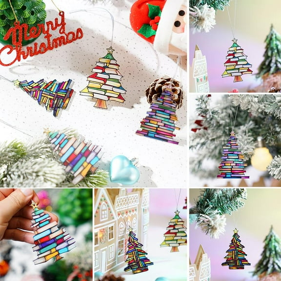 FurNest Christmas Book Tree Suncatcher Ornaments, Book Themed Present Stained