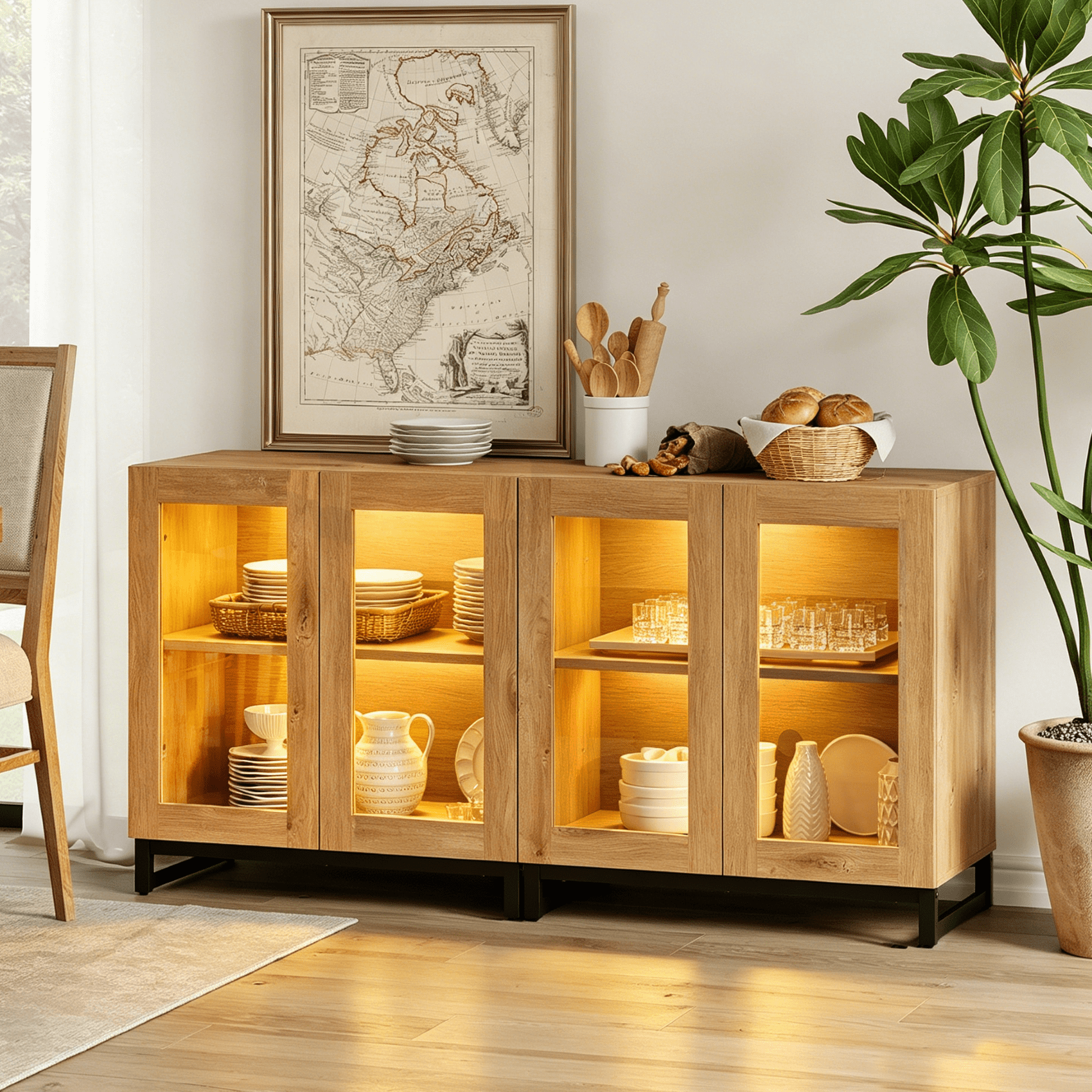 Modern Sideboard Buffet Cabinet with Glass Door & Drawer, Adjustable Shelf Credenza, Coffee Bar Storage Cabinet for Living Room & Kitchen,Oak