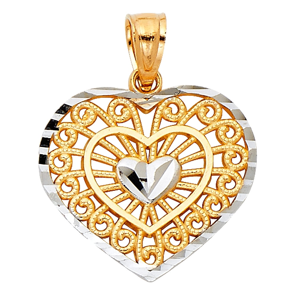 14k Gold Filigree Heart pendant with a solid high polish center Heart