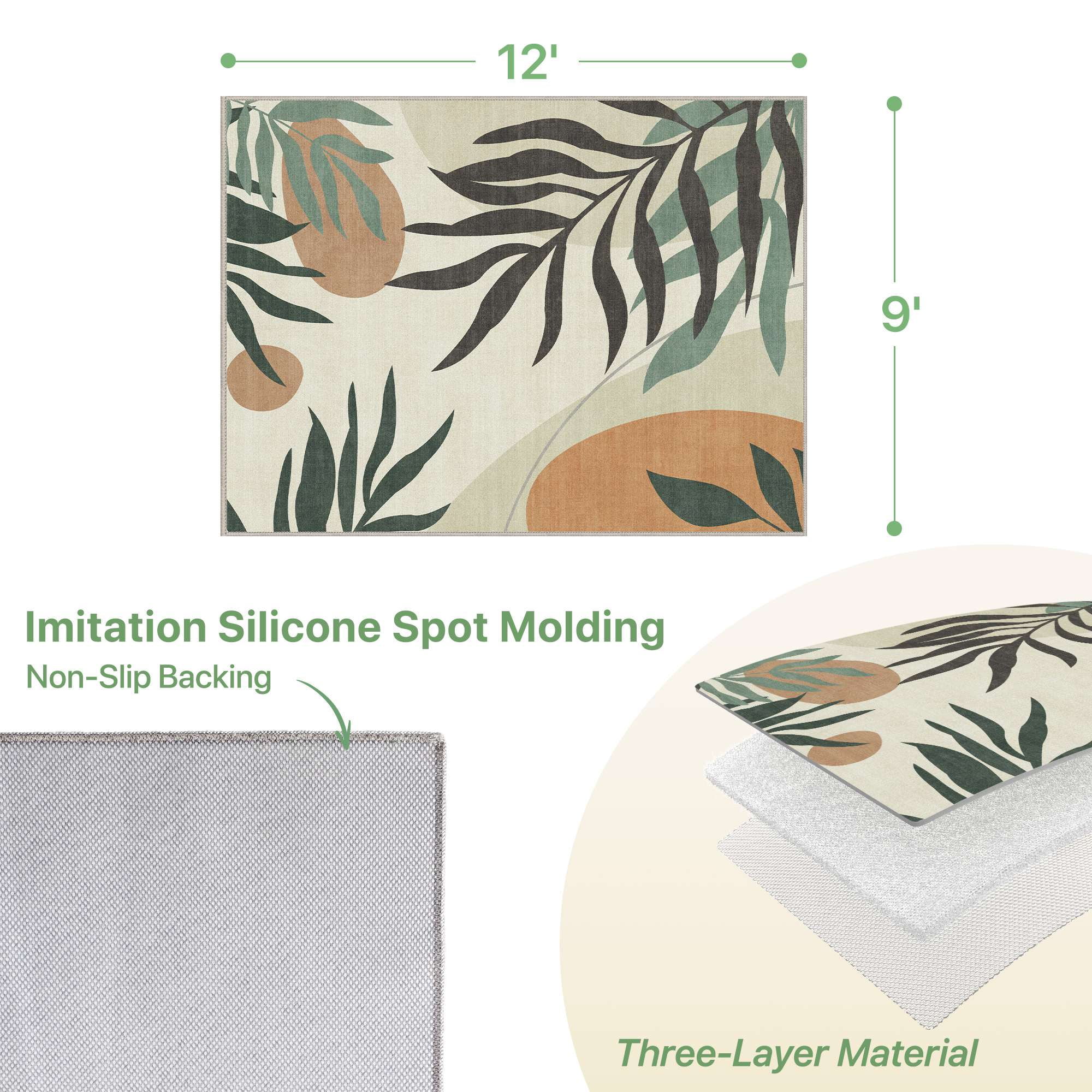 DEORAB Outdoor Rug 9'X12' Chenille Patio Carpet Three-Layer Material Imitation Silicone Spot Molding Camping Outside RV Mat,Beige&Green