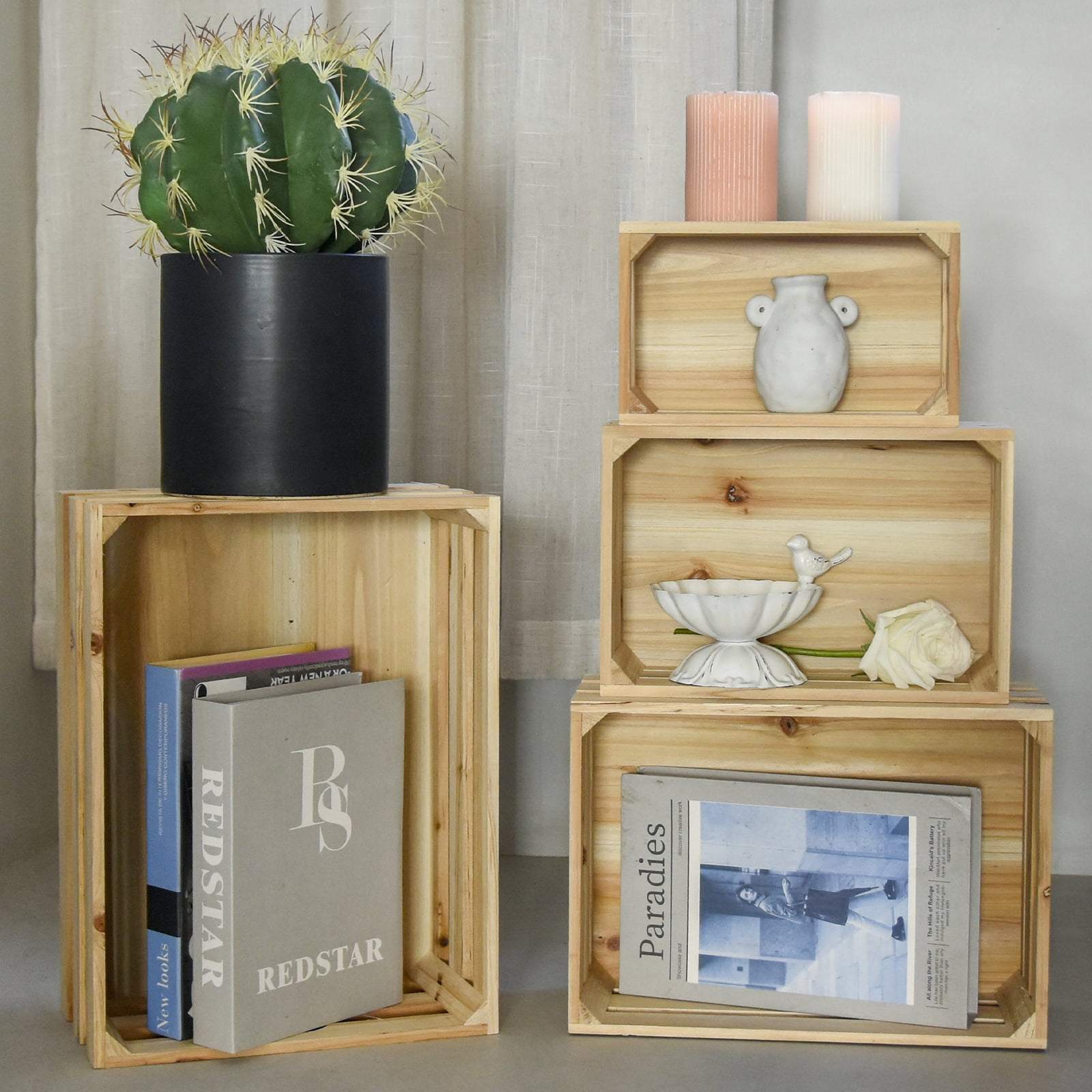 MODE HOME Set of 4 Large Wooden Crates Unfinished Office Storage Crates, Decorative Wood Storage Crates for Display, Rustic Pine Wood Organizer Bin Basket for Kitchen Pantry Bathroom