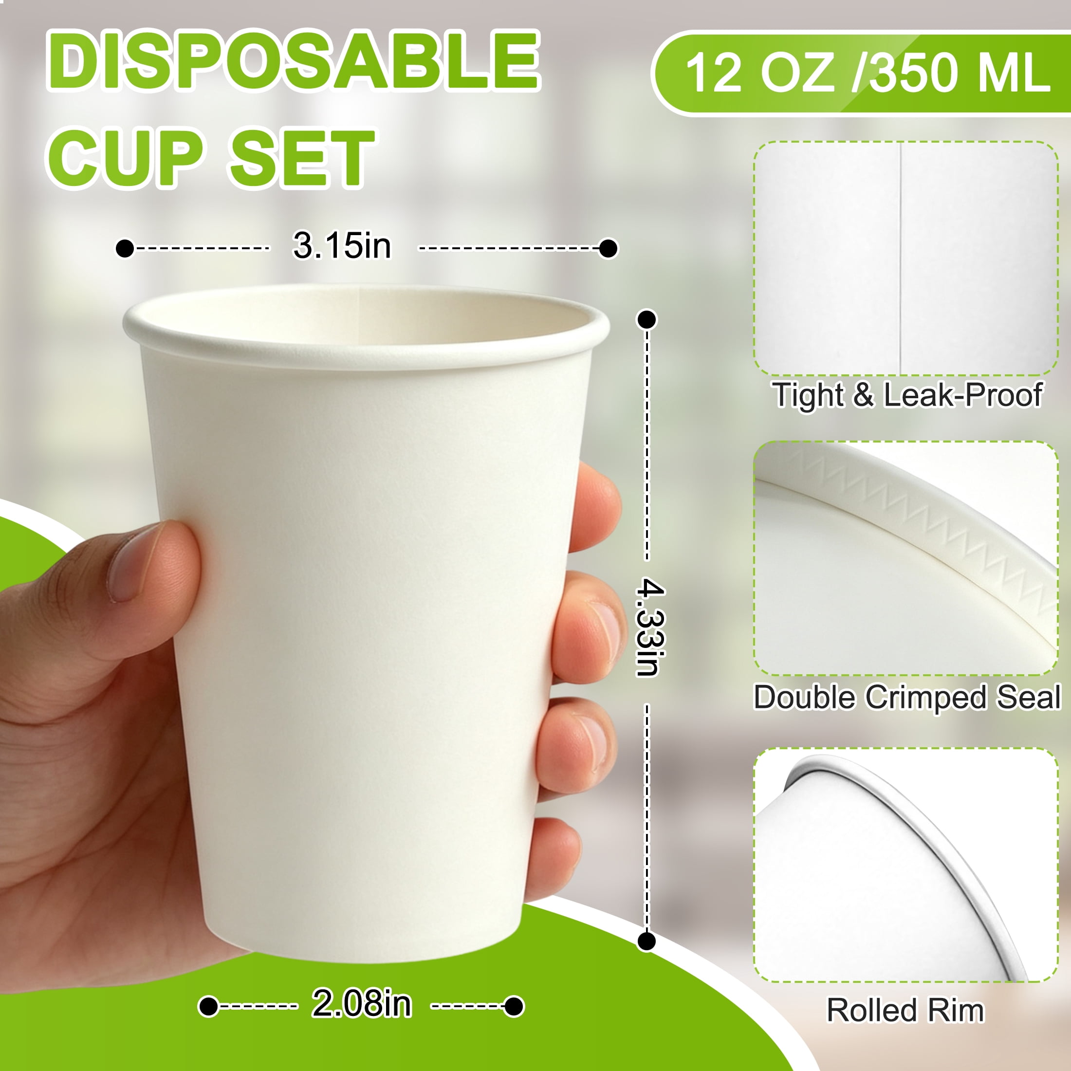 CISILOV 100 Pack Disposable Paper Cups 12oz, Heavy‑Duty White Paper Coffee Cups, Leak‑Proof Hot Cold Drink Cups for Coffee, Tea, Juice, Office, Party, Picnic