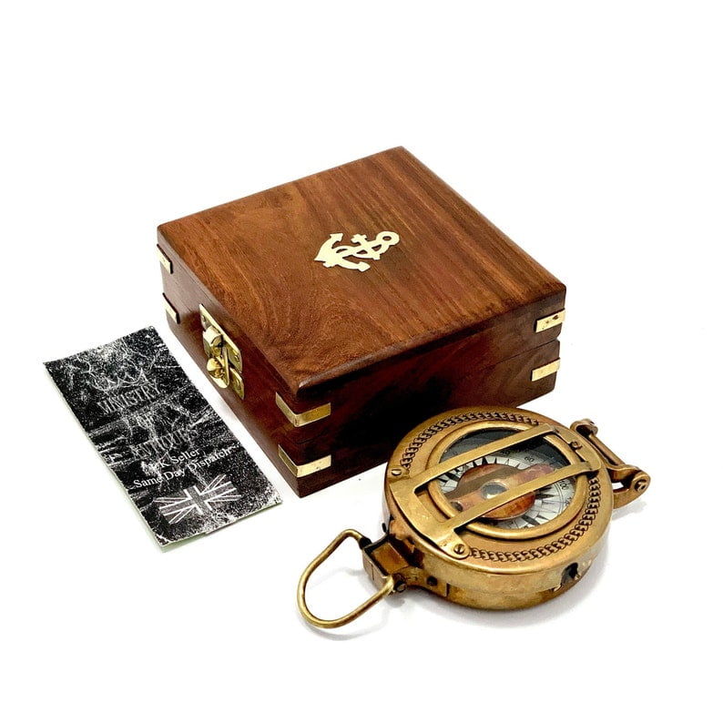 Soldiers Military Thumb Compass Vintage Brass WW2 1940 Navigation Compass | World War II Style Military Compass with Anchor Engraved Wooden Box