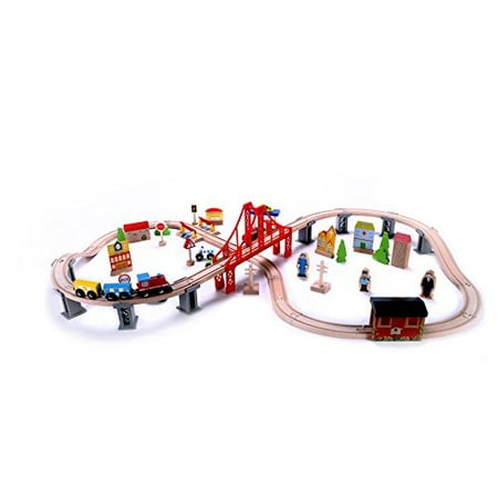 Wooden Toy Train Set - 70 pc - Premium Wood Train Tracks, Magnetic Train Cars for Toddlers &