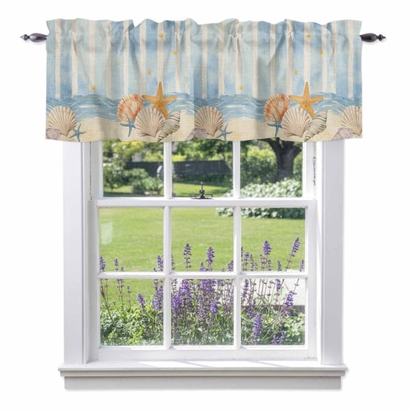 Summer Beach Seashell Valances for Windows Ocean Watercolor Sea Shell Starfish Stripe Rod Pocket Cafe Window Treatments Valance Curtains for Kitchen Bathroom Laundry Basement Windows 54"x18"