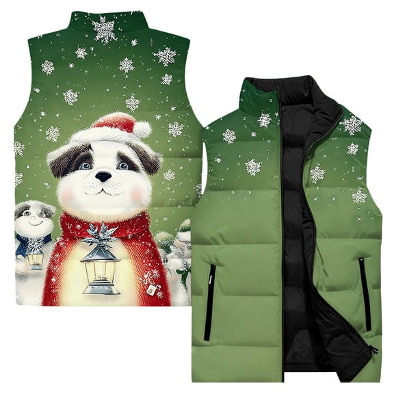 Men's Casual Fashionable Sleeveless Vest - Christmas Print Cotton-Padded Coat, Olive Green, L