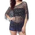 thumbnail image 3 of Sequin Crochet Poncho Cover Up for Women Fringe Asymmetrical Beach Vacation Top, 3 of 5