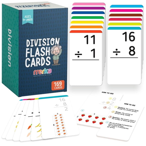 Merka Tarjetas flash de división de tercer grado  Juego de 169 tarjetas de cartulina multicolor  Tarjetas de datos de división 0-12 con anillo y respuestas en la parte posterior  Manipuladores de m