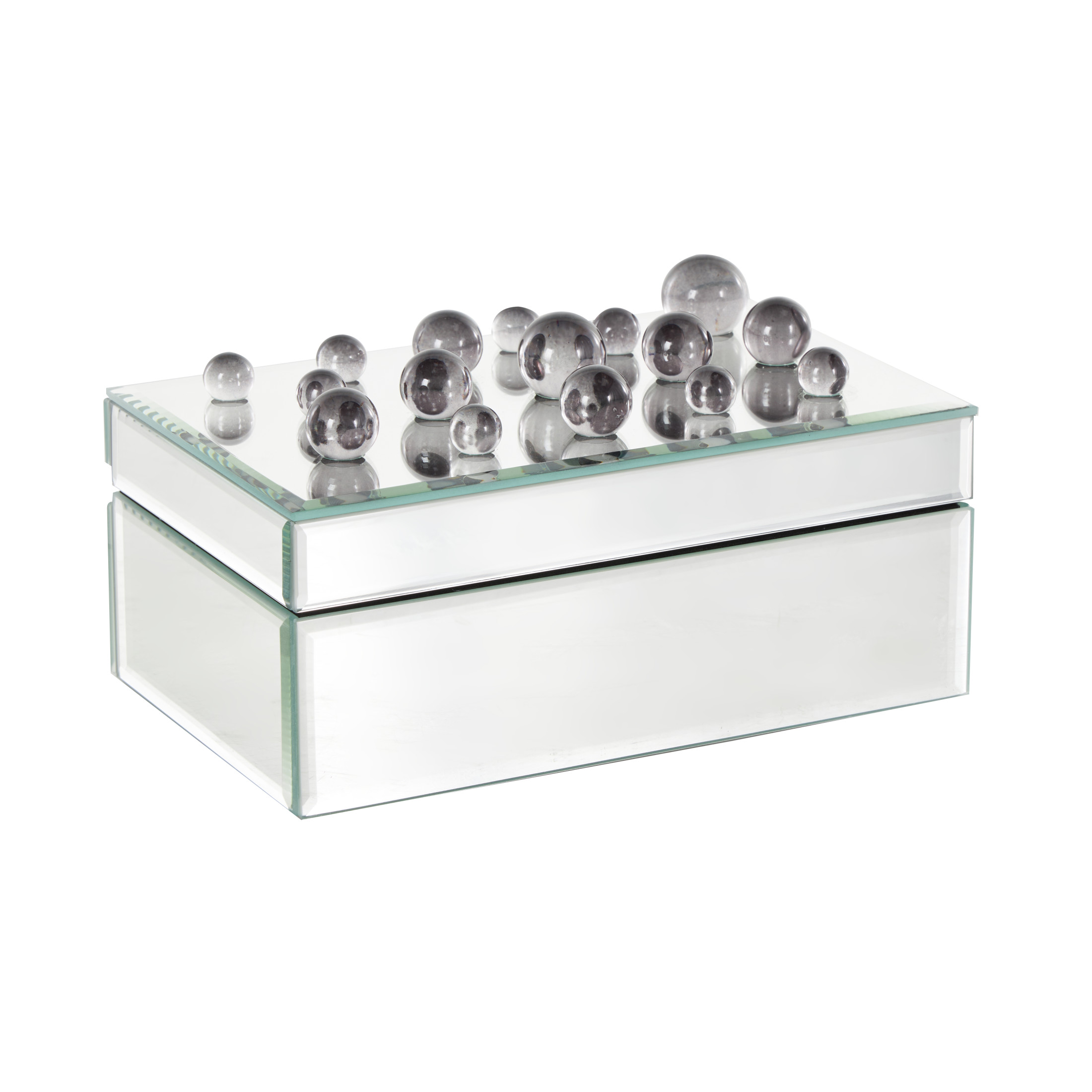 DecMode Mirrored Silver Glass Decorative Jewelry Box with Black Bubble Textured Balls