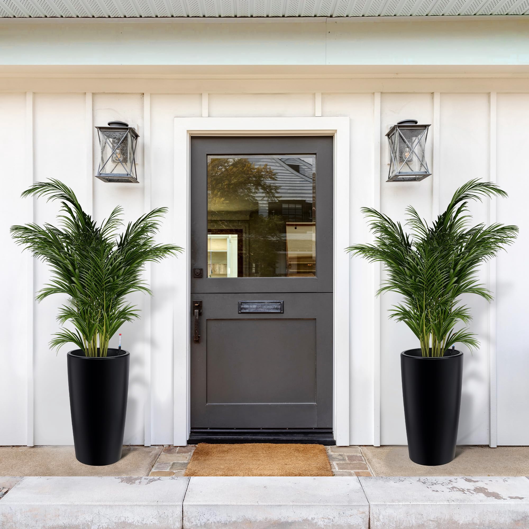 MAROUTE 30 inch Tall Planter Set of 2, Self Watering Pots with Drain Holes, Water Level Monitor & Inner Bucket, Indoor Outdoor Large Flower Pots, Gray