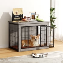 Furmax Wooden Indoor Dog Crate Furniture with Double Doors and Thick Cushion,Gray