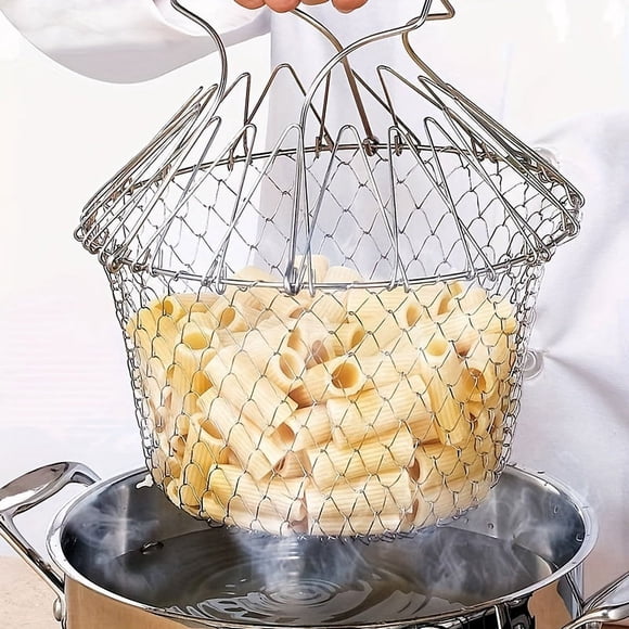 1pc, Frying Basket, Stainless Steel Frying Basket, Kitchen Foldable Steam Rinse Strain, Household Fry Basket Strainer, Kitchen Cooking Tool For Fried Food, Kitchen Stuff, Kitchen Gadgets