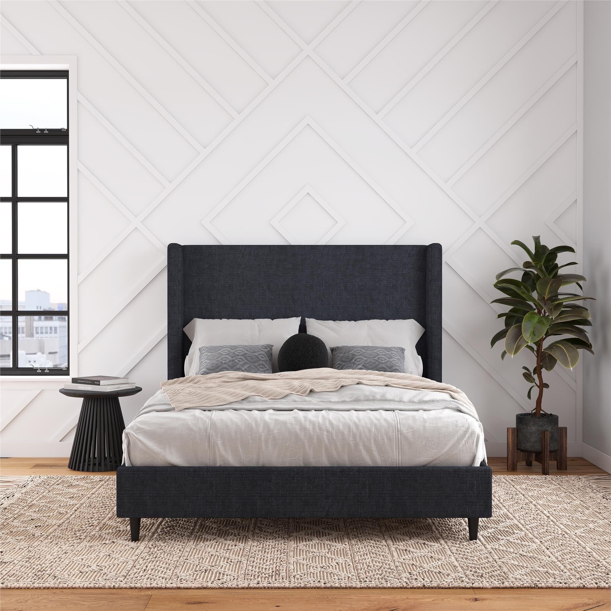 DHP Eveline Upholstered Platform Bed Frame with High Wingback Headboard, Queen, Textured Dark Blue Canvas