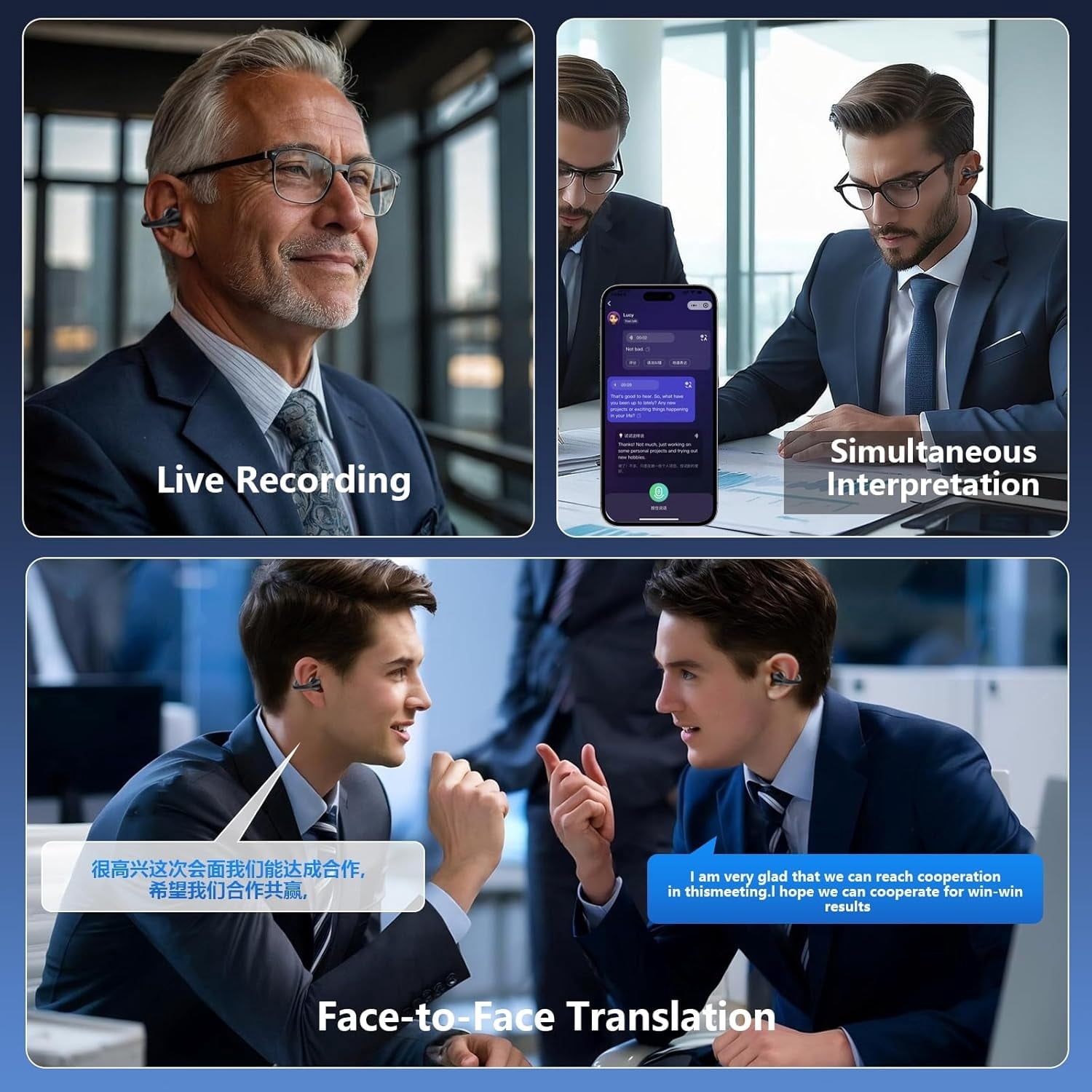 AI Translation Earbuds Real Time 144 Languages Clip On Earphones Translator Headphones Audifonos Traductores Inglés Español Bluetooth 60H Playtime Headphones for Travel Business Meeting Learning