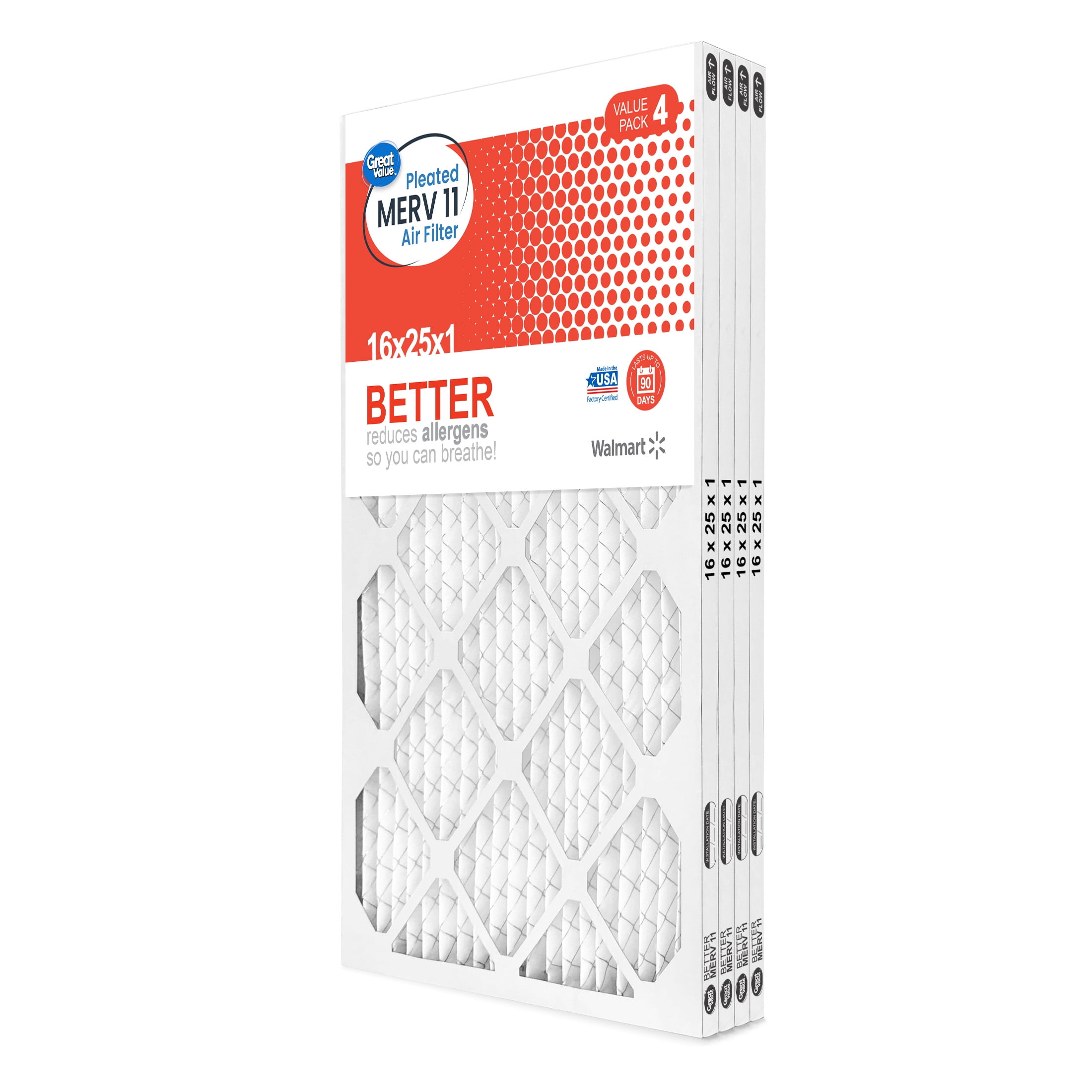 Great Value; 16x25x1; MERV 11 BETTER HVAC Air and Furnace Filter; Reduces Allergens; 4 Filters