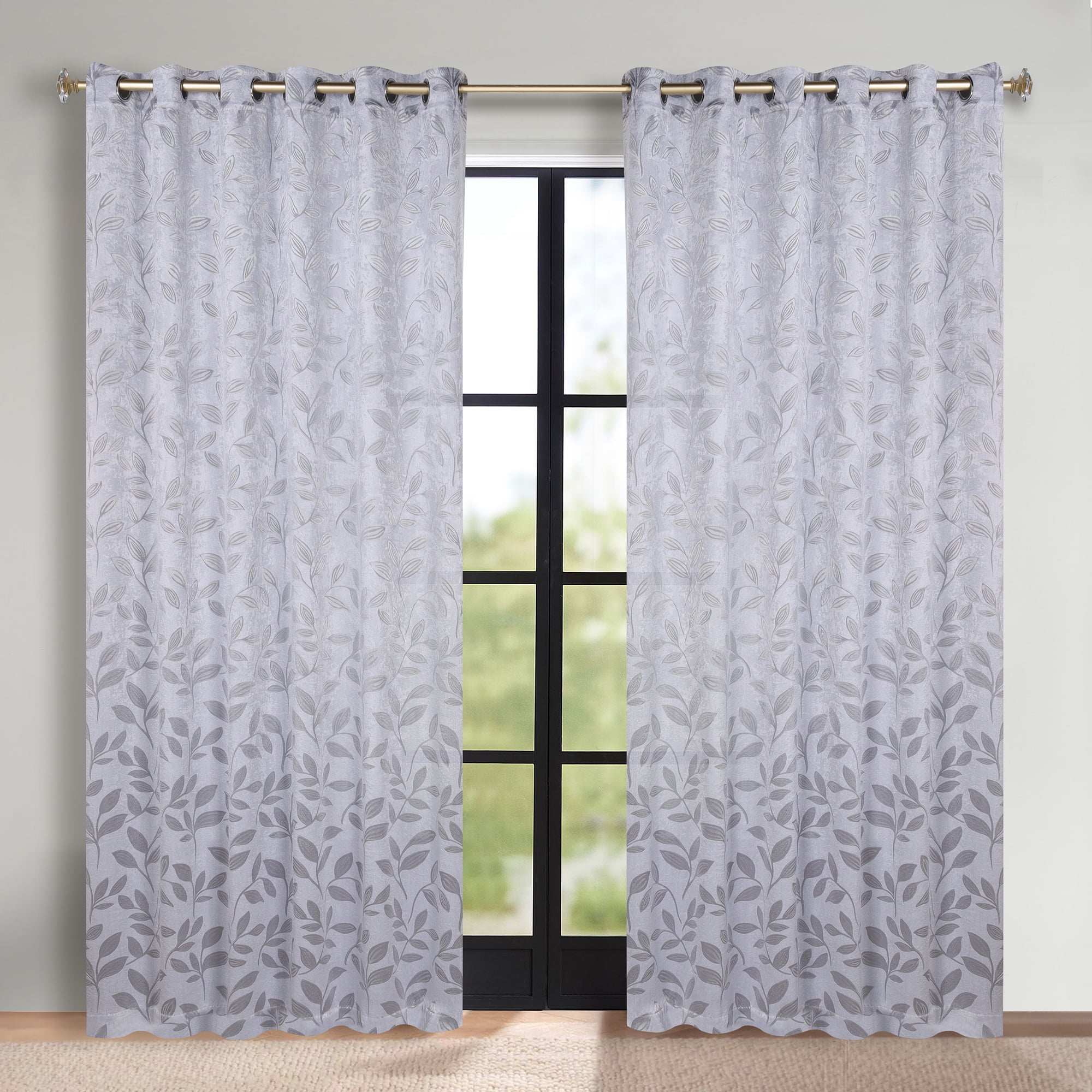 Superior Blackout Leaves Curtains Set of 2, Light Filtering Grommet Curtain Panel Set, Silver-Silver, 70"W x 96"L