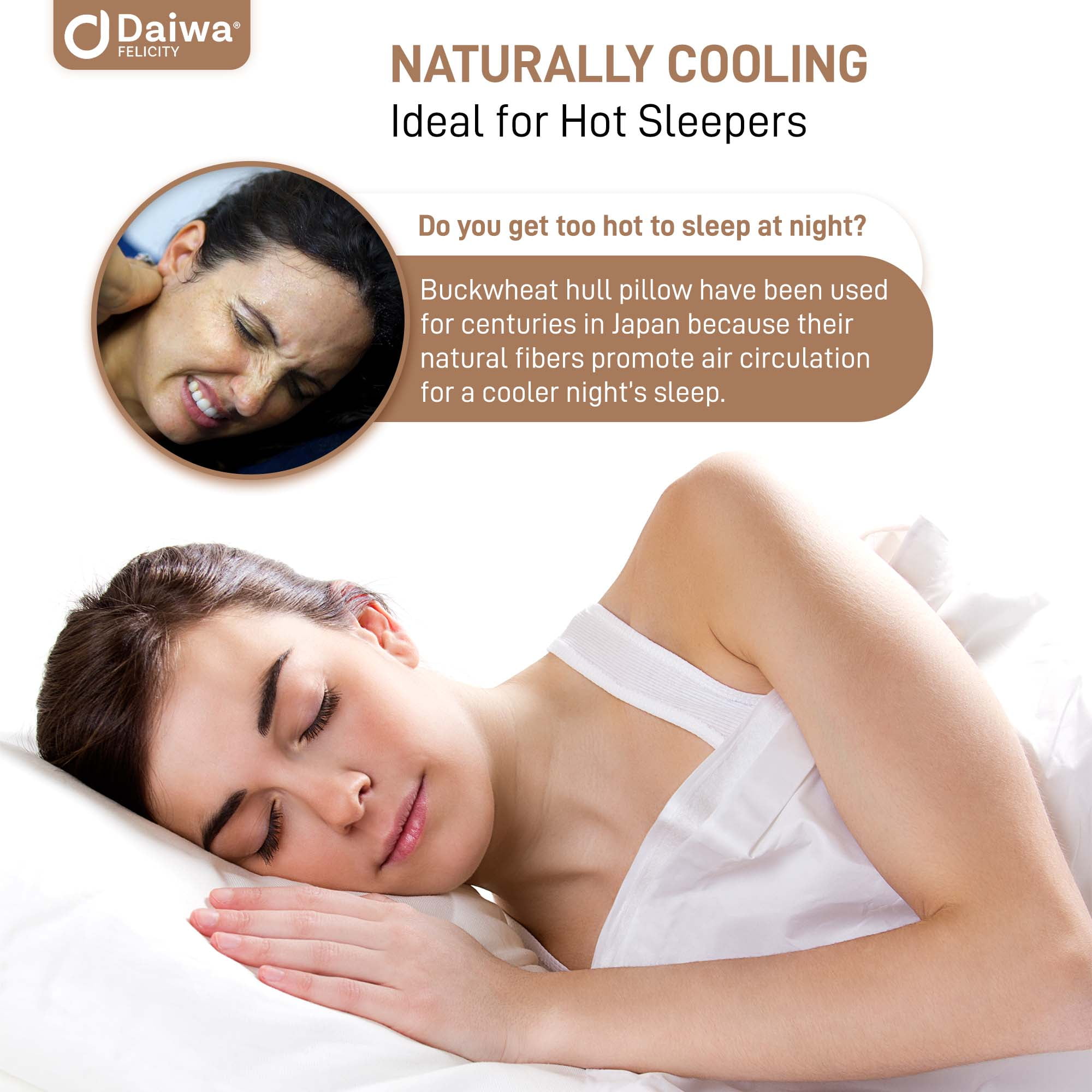Daiwa Felicity Organic Buckwheat Pillow for Sleeping with Pillow Case - Japanese Pillow Filled with Sobakawa aids in Cooling Sleep with Neck Support for Any Sleep Position