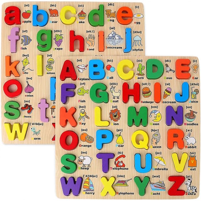 Wooden Puzzles for Toddlers, 2 Pack Chunky Wooden Peg Board Alphabet Puzzles with Colorful Fruit Animal Pattern, Educational Learning Toy for Kids Age