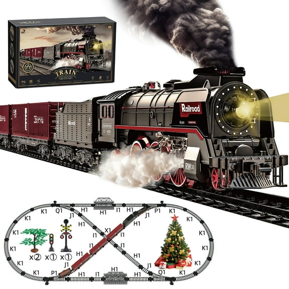 Remote Control Train Set, Electric Train Track Toy with Smoke, Light and Sound, Steam Locomotive Engine Train Toy for 3 4 5 6 7  Years Old Boys Gifts