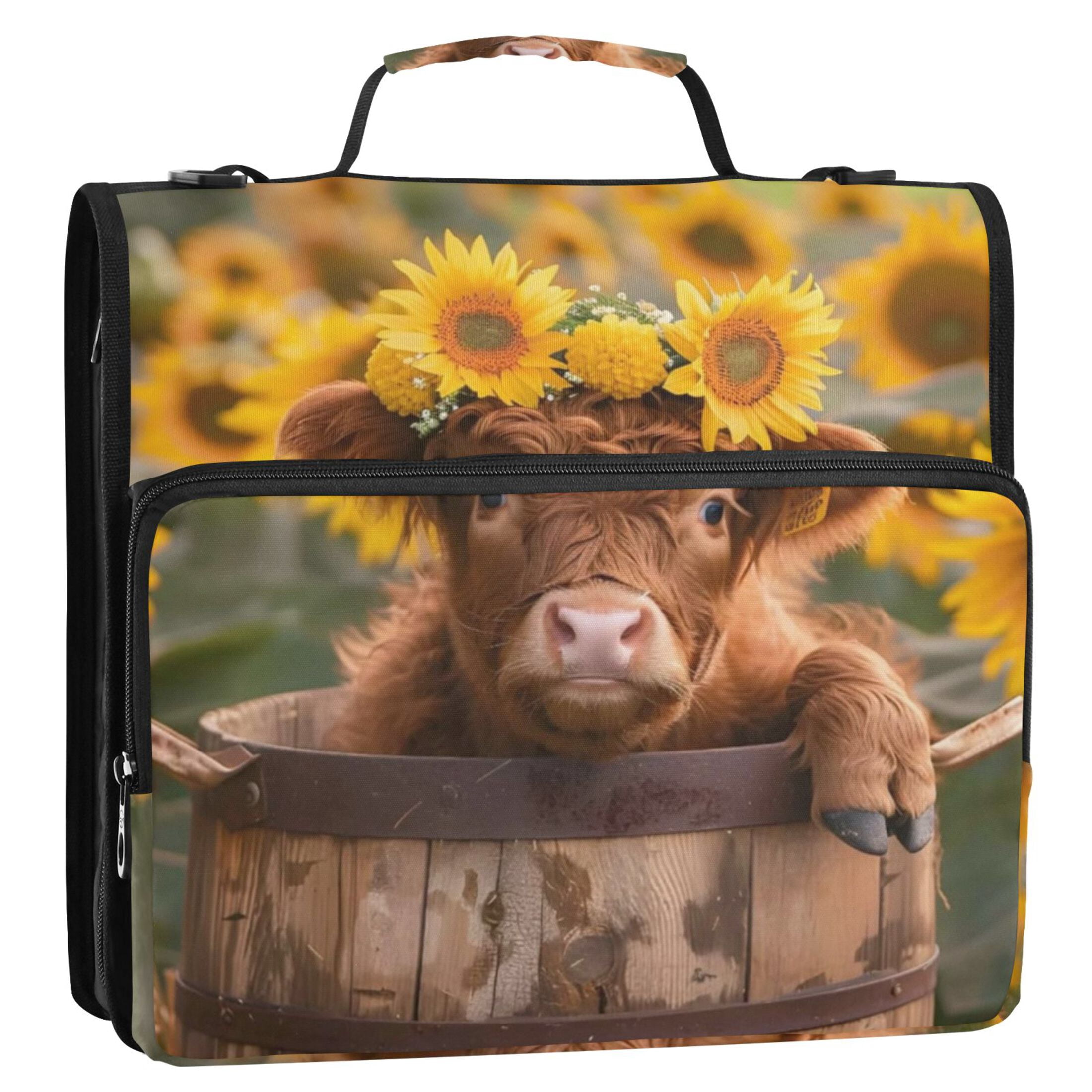 Zipper Binder Sunflower Cute Highland Cow 1.5 Inch Binder Folder Bag with Shoulder Strap and Handle