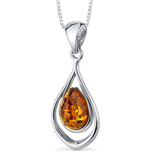 Oravo - Teardrop Orange Amber Pendant Necklace in Sterling Silver, 18 ...