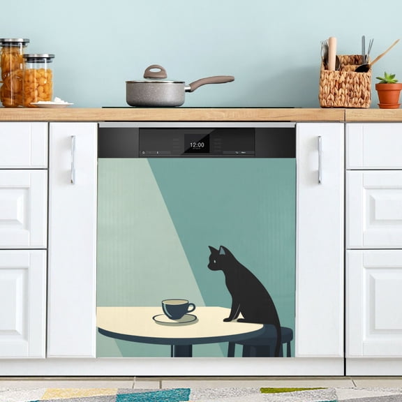 Yayeee Magnetic Dishwasher Cover for The Front Decoration Home Kitchen Machine Sticker Protector, Black Cat