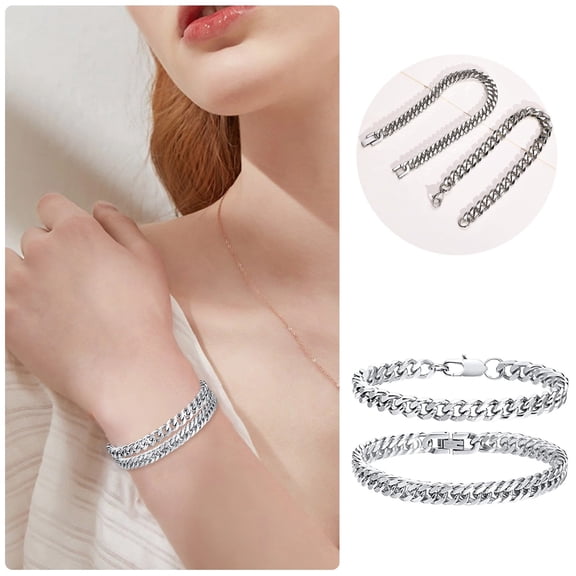 Mens Bracelets Curb Chain Bracelets - 2PCS Silver Hand Chains Stainless Steel Hop Jewelry for Unisex Style 2PCS