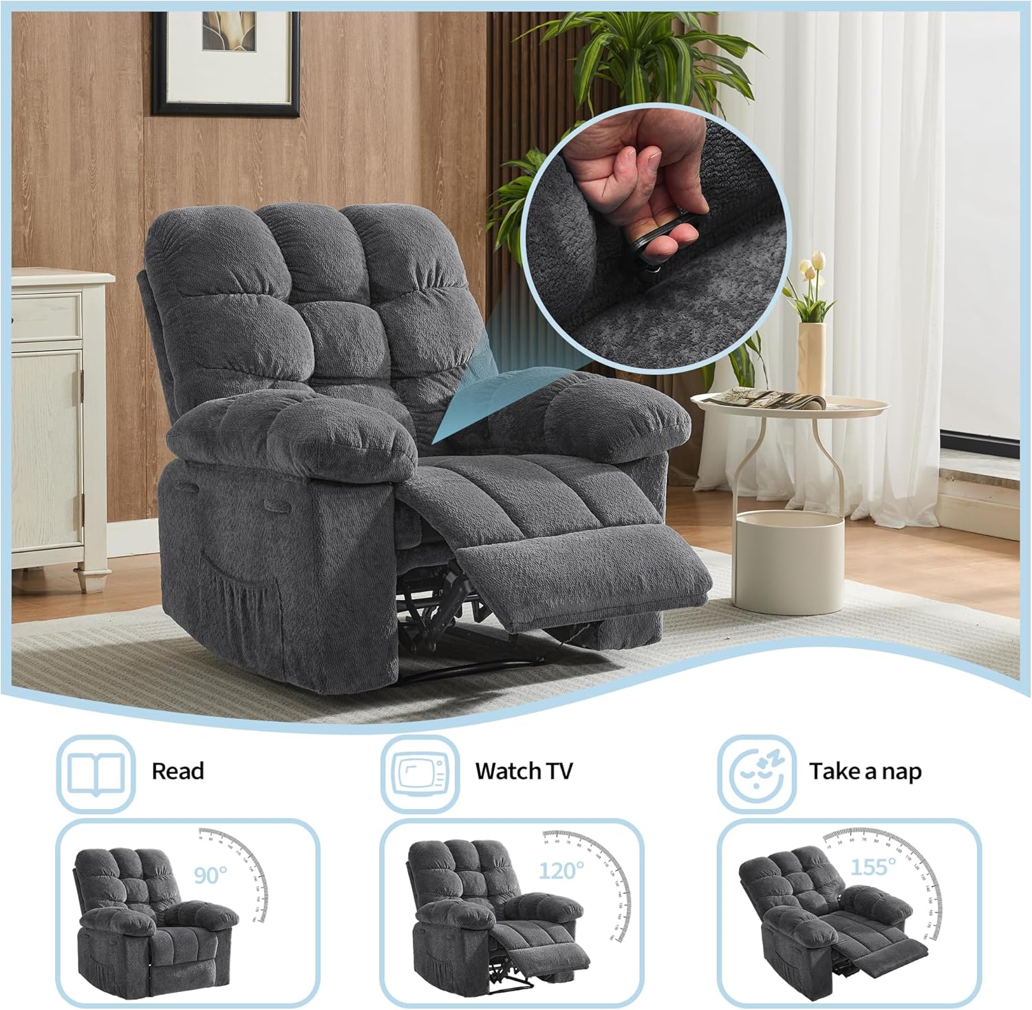 Sunvasagoo Chenille Rocking Recliner Chair, 360° Swivel, Manual Recline, 300Lb Capacity, 3 Colors