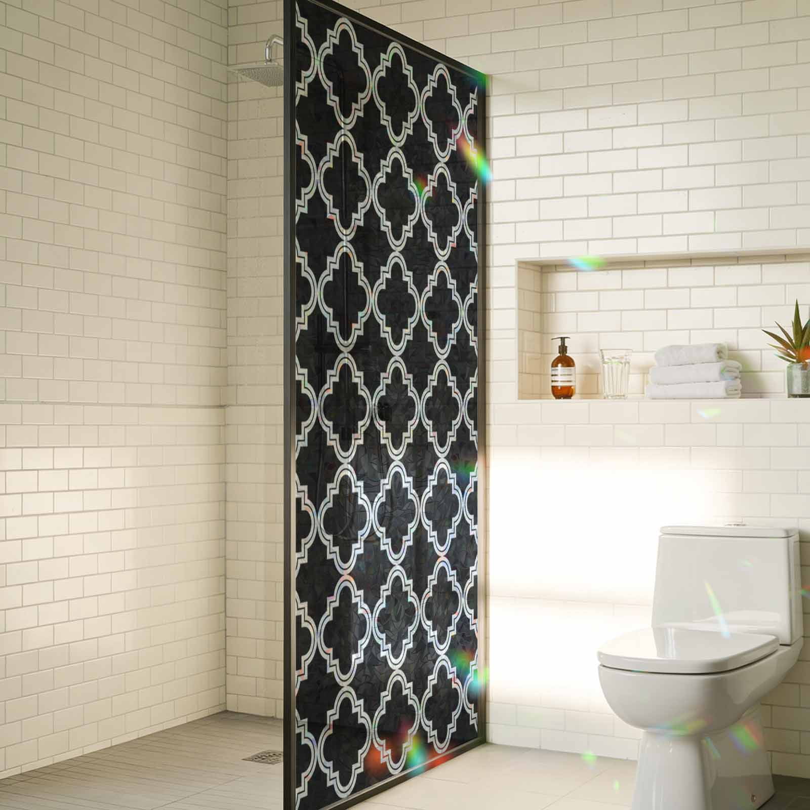 Modern Black Geometric Window Privacy Film Stain Glass,Reusable Decorative Rainbow Window Film,Abstract Art Morocco Aesthetic Static Cling Sun Blocking Stickers Decals Covers 35.4" x 78.7" (3pcs)