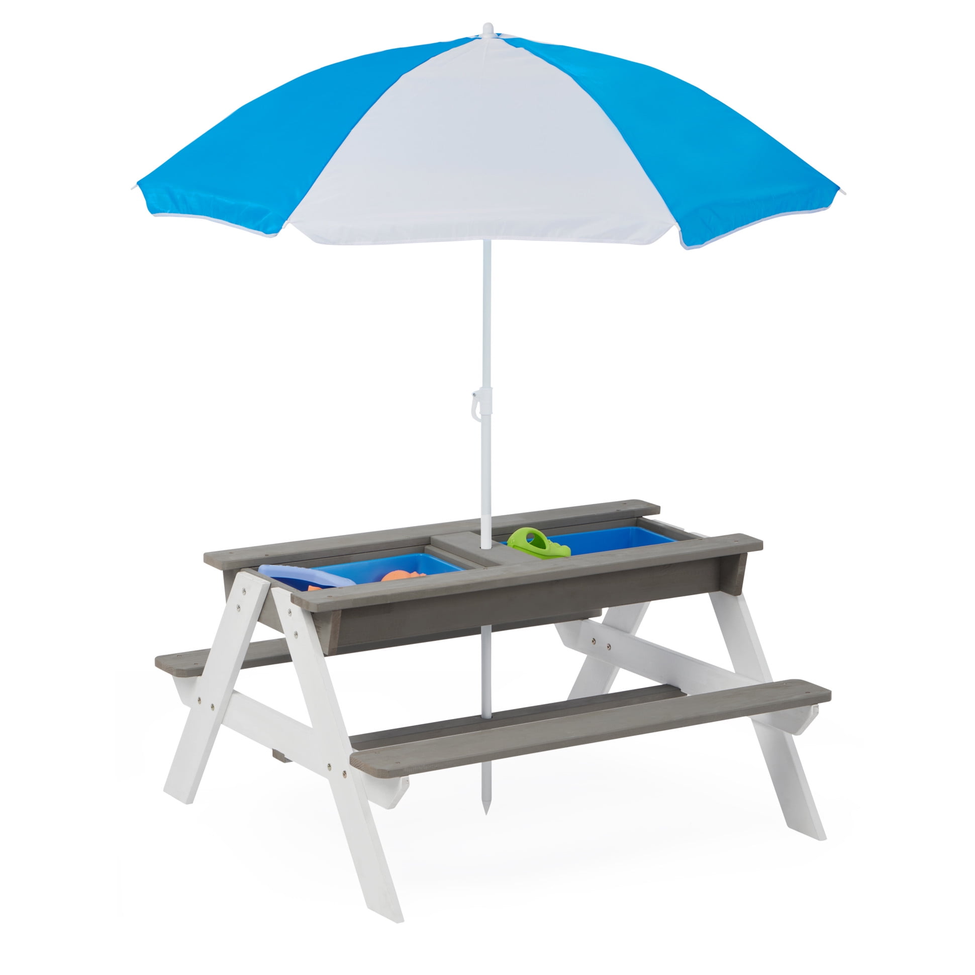 3-in-1 Kids Picnic Table with Adjustable Shade Umbrella, Convertible Sand/Water Play, Durable Cedarwood, Ages 3-10, Gray