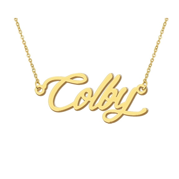HUAN XUN 18k Gold Plated Colby Name Necklace Stainless Steel Nameplate Necklaces for Womens Mens Mother Day Christmas Jewelry Gift