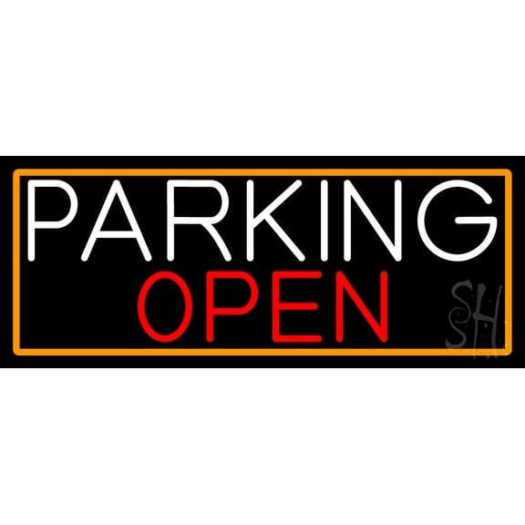 Parking Open With Orange Border LED Neon Sign 13 x 32 - inches, Clear Edge Cut Acrylic Backing, with Dimmer - Bright and Premium built indoor LED Neon Sign for automotive store, and mall.