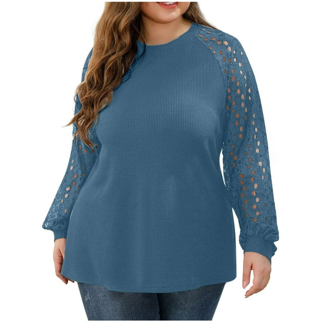 Plebaso Hauts pour Femmes Grande Taille à Manches Longues Ajourées Blouses Patchwork Col Rond Mode Féminine