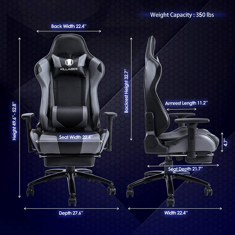 JONPONY Massage Gaming Chair with Footrest and 350LBS Metal Base,Thickened Seat  Cushion,2D Adjustable Armrest, Big and Tall Ergonomic Office Computer Chair,Black  