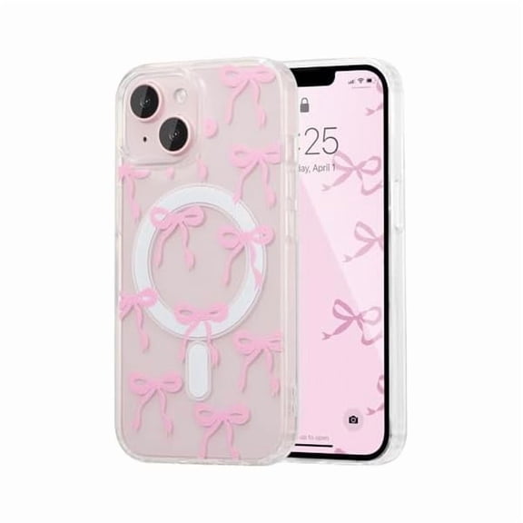 Magnetic for iPhone 14 & iPhone 13 Case, Bow Case Compatible with MagSafe, Wireless Slim Clear Ribbon Phone Cover Anti-Yellowing Shockproof Protective Cover for Women Girl - Pink