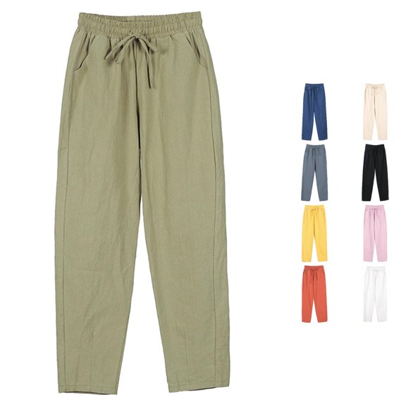 WEIGFI Summer Pants For Women Casual Elastic Waist Pants With Pocket Straight Wide Leg Stretch Pants Loose Fit Solid Color Everyday Wear Stylish Party Bottoms,Army Green,L