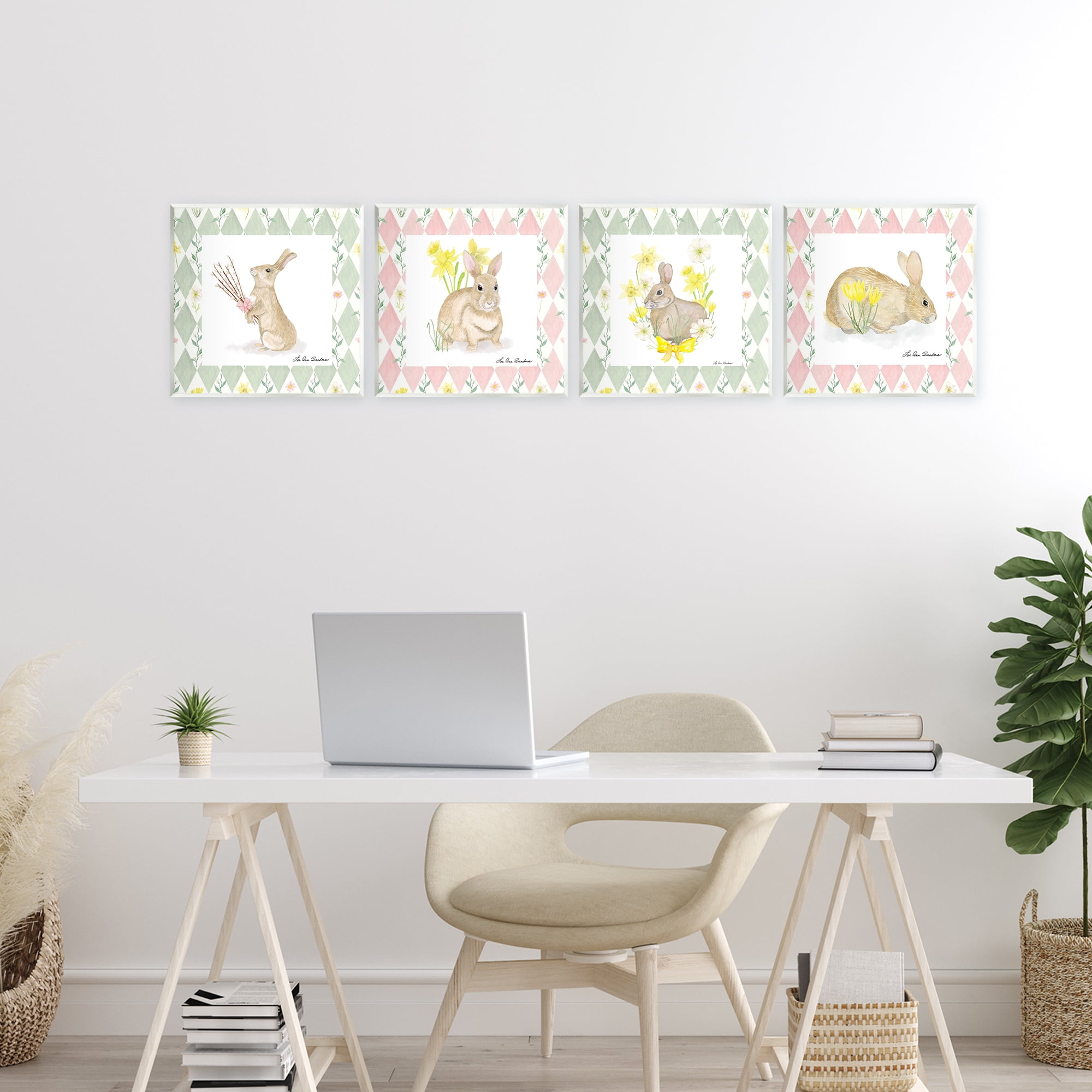 Spring Bunnies on Argyle 4 Piece Wall Plaque Art Set, design by Lee Ann Sanders