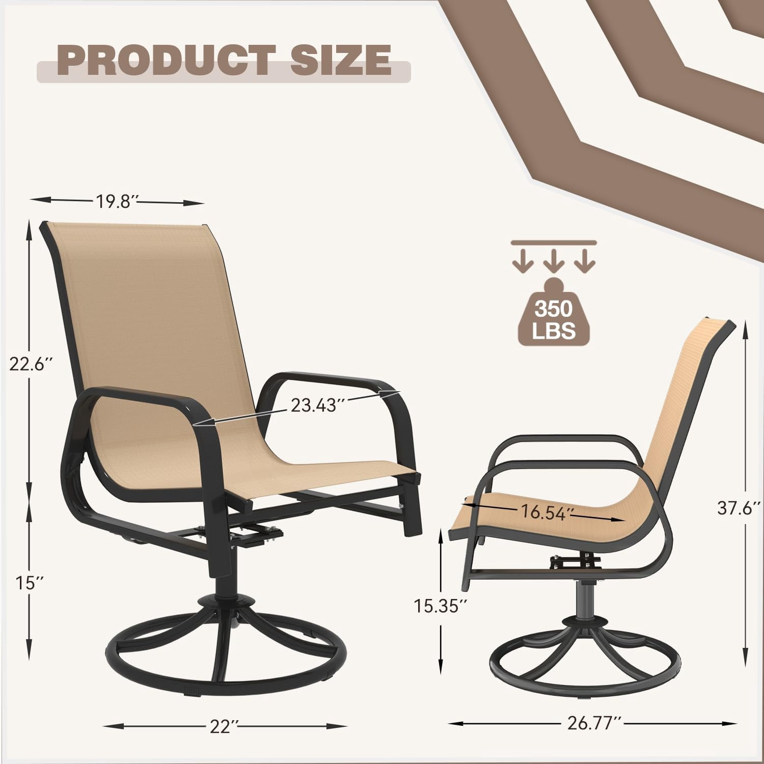 MELLCOM Patio Swivel Chair Set of 2, High Back Textilene Outdoor Dining Chairs with E-Coating Metal Frame, All-Weather Outdoor Furniture Rocker for Backyard, Porch, Garden, Lawn, Beige