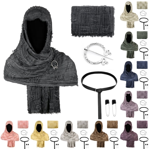 Medieval Distressed Hooded Shawl, Distressed Medieval Hooded Shawl Accessory Kit,Crinkled Renaissance Cosplay Head Wrap With Viking Pin Leather Belt for Halloween Larp Warrior Costume, Black One Size