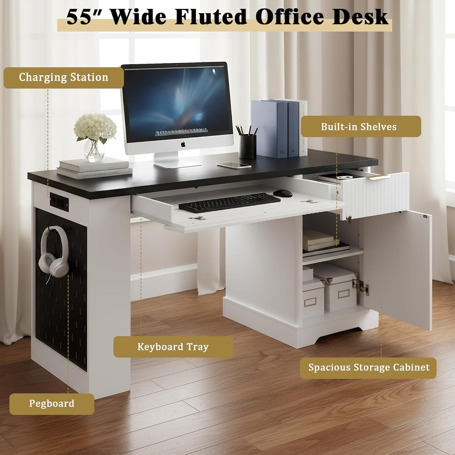 55'' Executive Desk with Pegboard & Charging Station, Fluted Home Office Desk with File Drawer and Storage Cabinet, Modern Writing Table for Office Home, Bedroom (White&Black)
