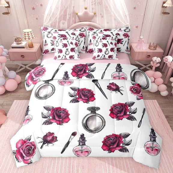 jejeloiu Girls Perfume Cosmetics 7-Piece Twin Bedding Sets,Red Flower Blossom Bedding Comforter Set For Girls Teens Reversible