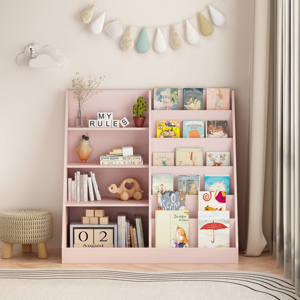 Kids Bookshelf and Toy Storage Organizer, Wooden Kids Bookcase with Multi-Level Shelves & Toy Storage, Children's Book Display Stand for Playroom, Nursery & Kids Room, Pink